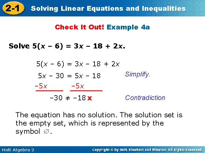 2 -1 Solving Linear Equations and Inequalities Check It Out! Example 4 a Solve
