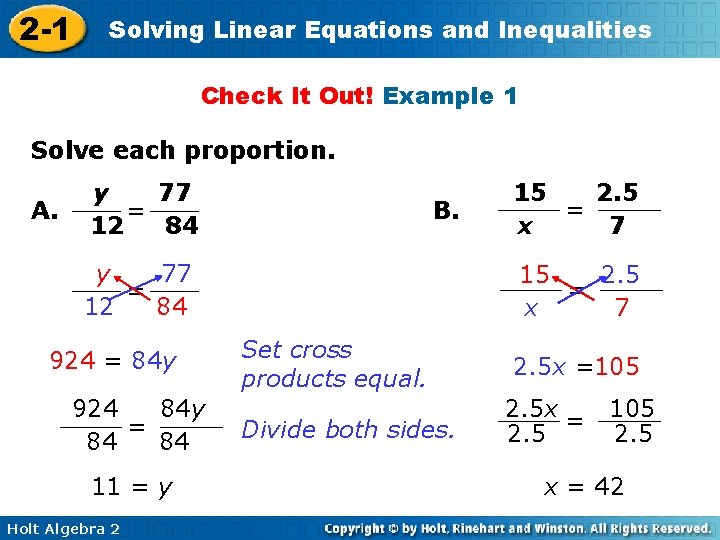 2 -1 Solving Linear Equations and Inequalities Check It Out! Example 1 Solve each