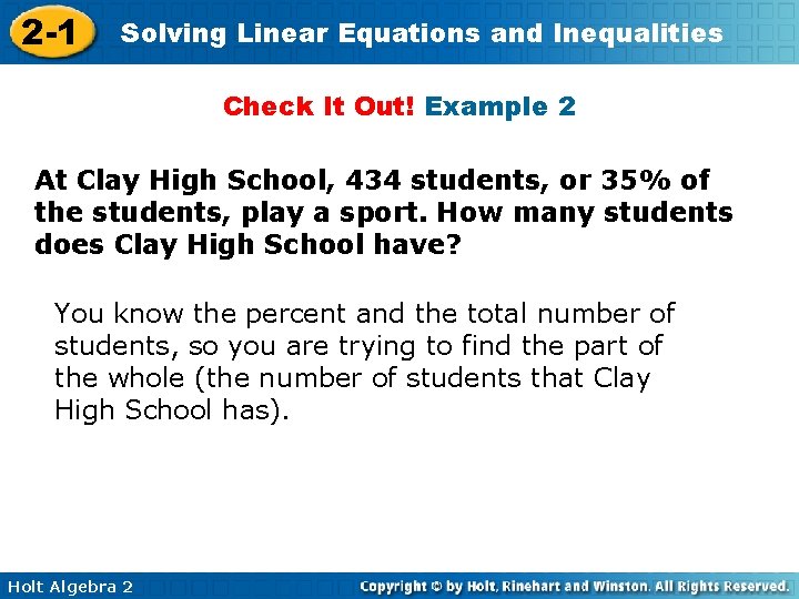 2 -1 Solving Linear Equations and Inequalities Check It Out! Example 2 At Clay