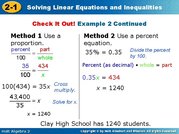 2 -1 Solving Linear Equations and Inequalities Check It Out! Example 2 Continued Method