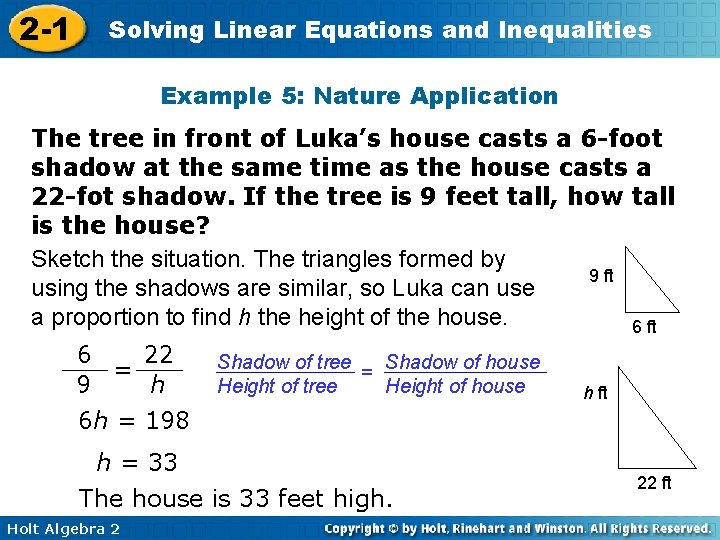 2 -1 Solving Linear Equations and Inequalities Example 5: Nature Application The tree in