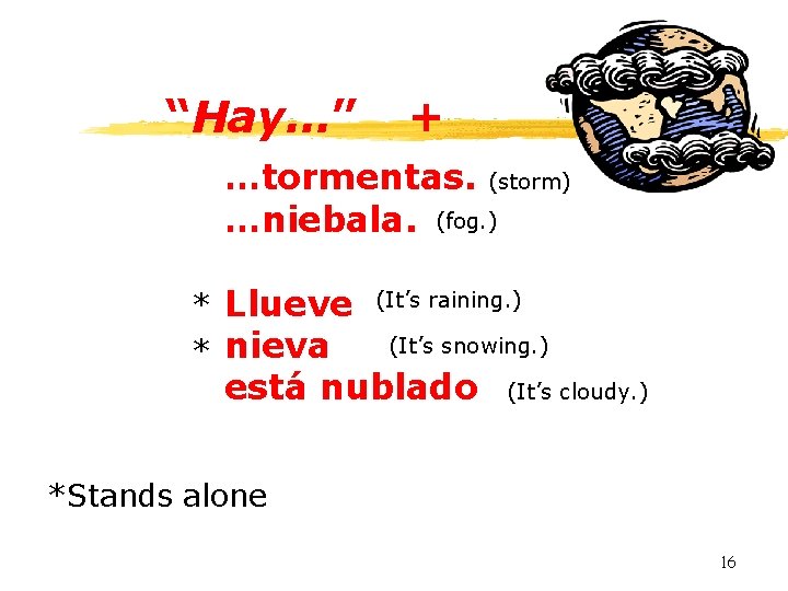 “Hay…” + …tormentas. (storm) …niebala. (fog. ) * Llueve * nieva (It’s raining. )