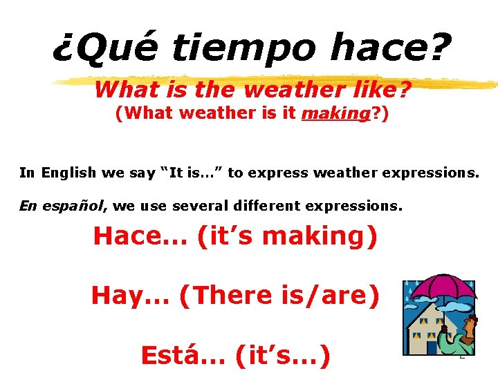 ¿Qué tiempo hace? What is the weather like? (What weather is it making? )