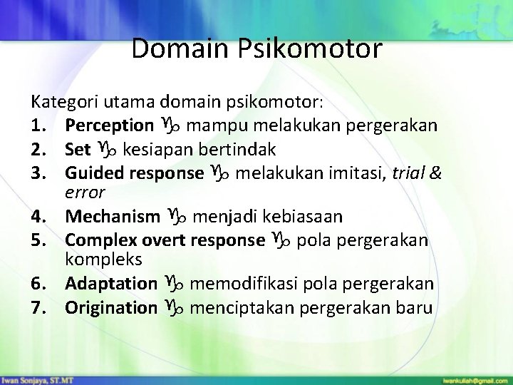 Domain Psikomotor Kategori utama domain psikomotor: 1. Perception mampu melakukan pergerakan 2. Set kesiapan Domain Psikomotor Kategori utama domain psikomotor: 1. Perception mampu melakukan pergerakan 2. Set kesiapan