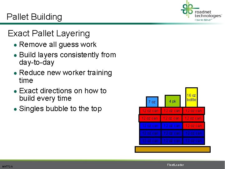 Pallet Building Exact Pallet Layering ● Remove all guess work ● Build layers consistently