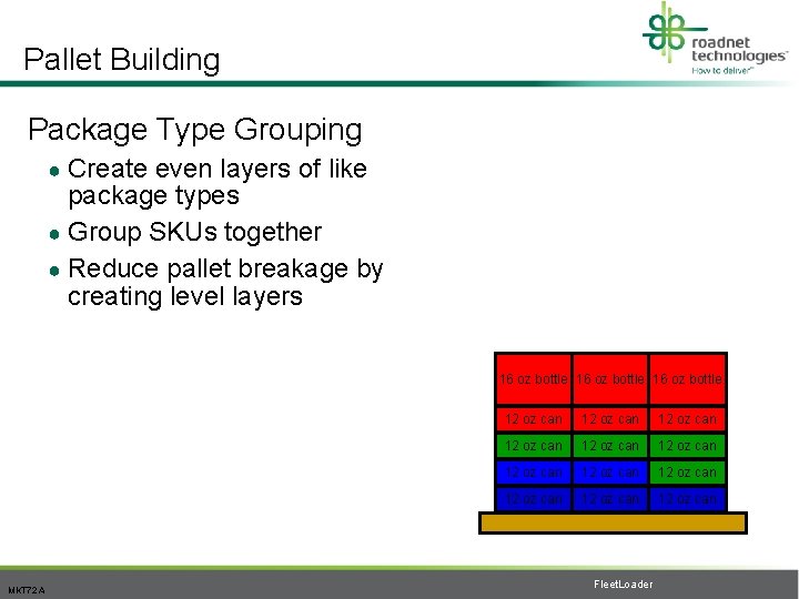 Pallet Building Package Type Grouping ● Create even layers of like package types ●