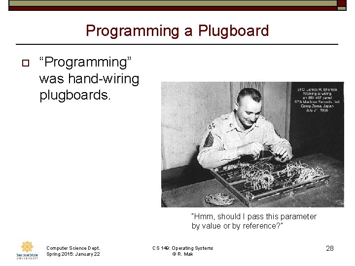 Programming a Plugboard o “Programming” was hand-wiring plugboards. “Hmm, should I pass this parameter