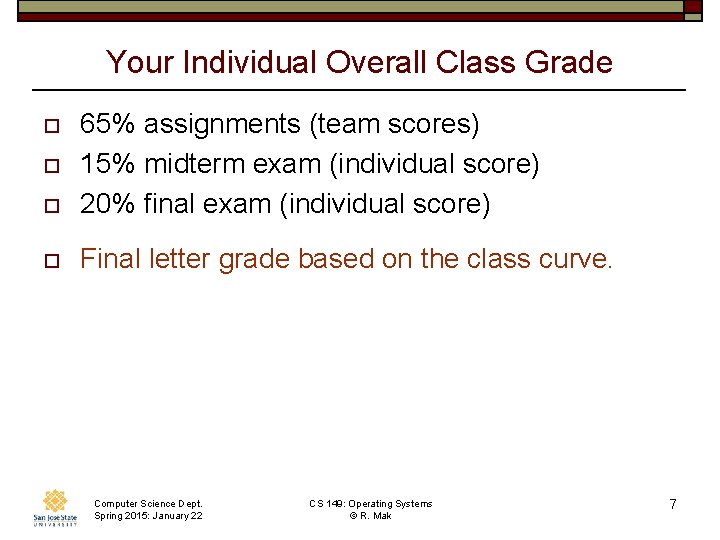 Your Individual Overall Class Grade o 65% assignments (team scores) 15% midterm exam (individual