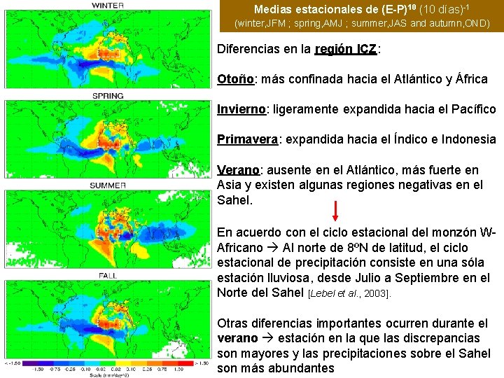 Medias estacionales de (E-P)10 (10 días)-1 (winter, JFM ; spring, AMJ ; summer, JAS