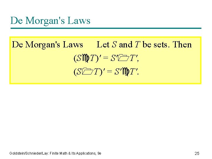 De Morgan's Laws Let S and T be sets. Then (S T)' = S'
