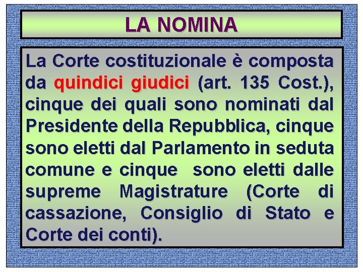 LA NOMINA La Corte costituzionale è composta da quindici giudici (art. 135 Cost. ),