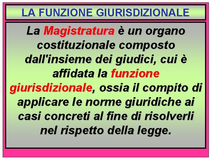 LA FUNZIONE GIURISDIZIONALE La Magistratura è un organo costituzionale composto dall'insieme dei giudici, cui