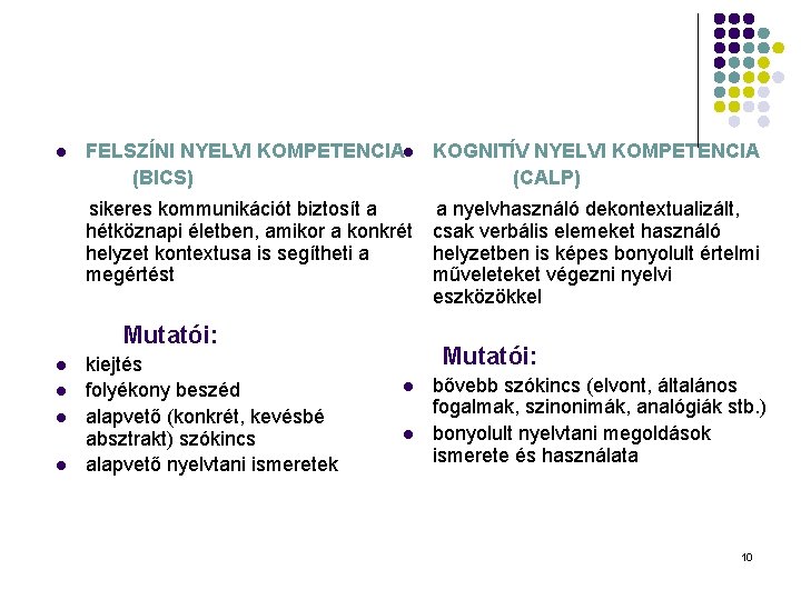 l FELSZÍNI NYELVI KOMPETENCIAl KOGNITÍV NYELVI KOMPETENCIA (BICS) (CALP) sikeres kommunikációt biztosít a a