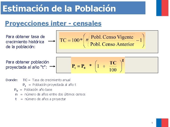 Estimación de la Población Proyecciones inter - censales Para obtener tasa de crecimiento histórica