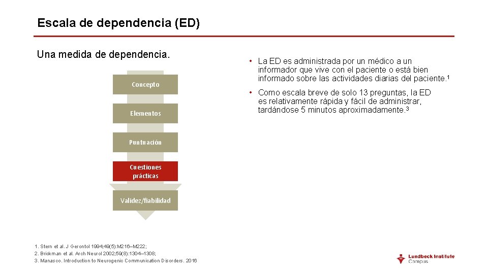 Escala de dependencia (ED) Una medida de dependencia. Concepto Elementos Puntuación Cuestiones prácticas Validez/fiabilidad