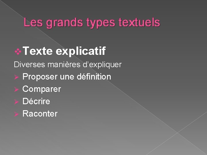 Les grands types textuels v Texte explicatif Diverses manières d’expliquer Proposer une définition Ø