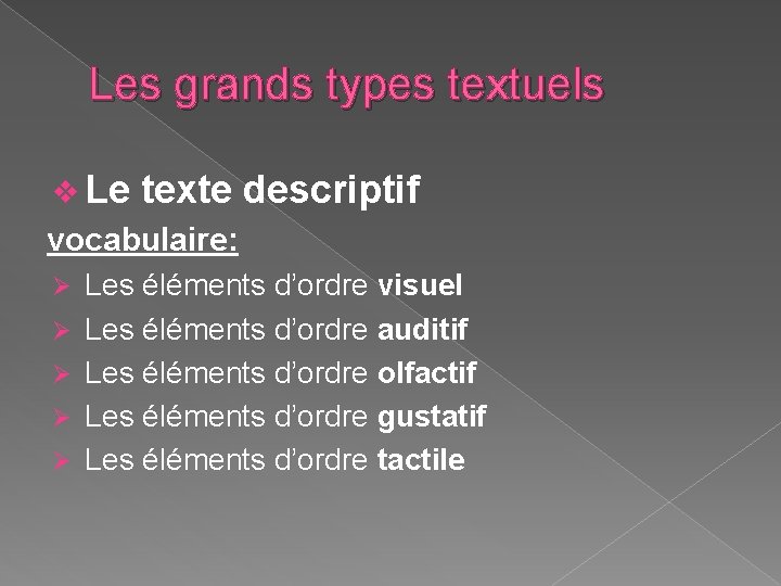 Les grands types textuels v Le texte descriptif vocabulaire: Ø Ø Ø Les éléments