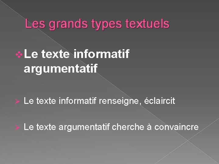 Les grands types textuels v Le texte informatif argumentatif Ø Le texte informatif renseigne,