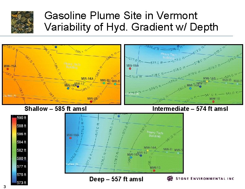 Gasoline Plume Site in Vermont Variability of Hyd. Gradient w/ Depth Shallow – 585
