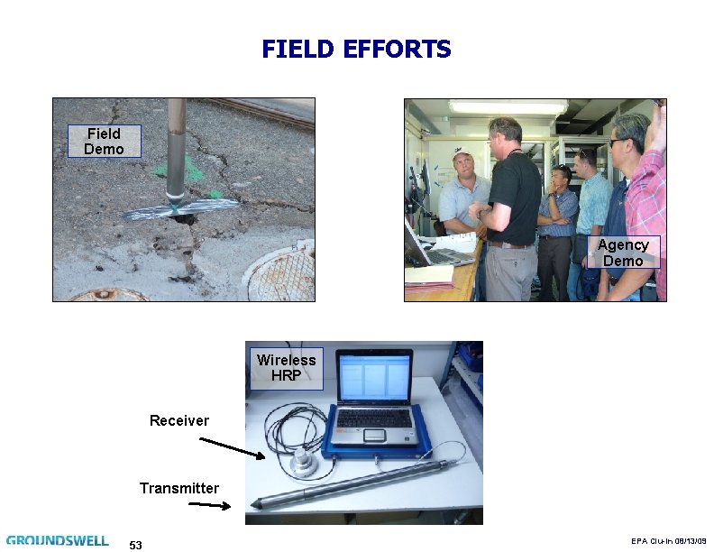 FIELD EFFORTS Field Demo Agency Demo Wireless HRP Receiver Transmitter 53 EPA Clu-In 08/13/09