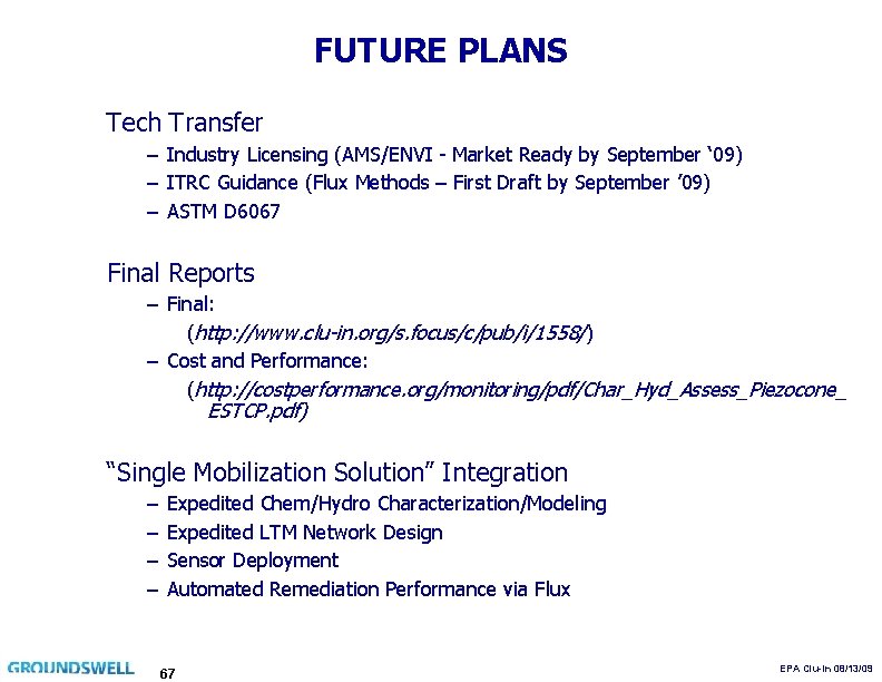 FUTURE PLANS Tech Transfer – Industry Licensing (AMS/ENVI - Market Ready by September ‘