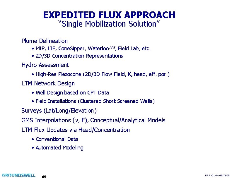 EXPEDITED FLUX APPROACH “Single Mobilization Solution” Plume Delineation • MIP, LIF, Cone. Sipper, Waterloo.
