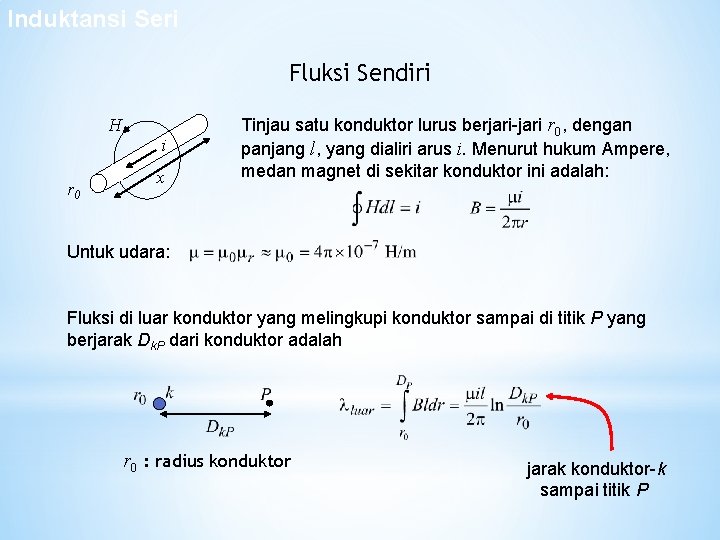 Induktansi Seri Fluksi Sendiri H r 0 i x Tinjau satu konduktor lurus berjari-jari Induktansi Seri Fluksi Sendiri H r 0 i x Tinjau satu konduktor lurus berjari-jari