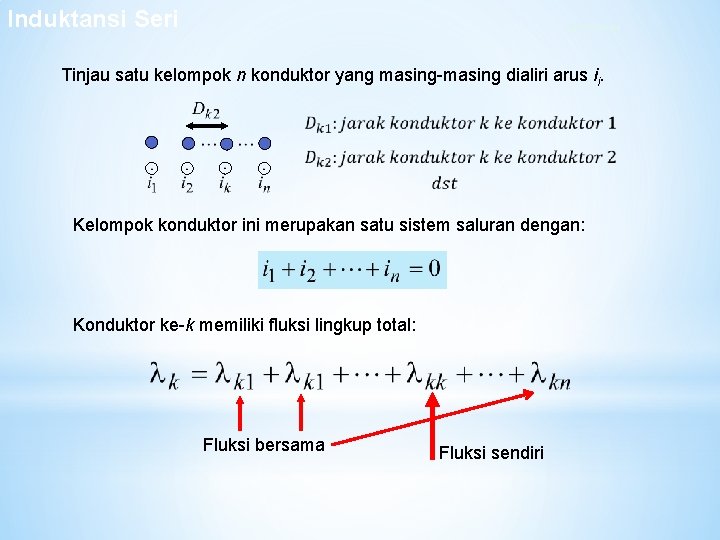 Induktansi Seri Fluksi Bersama Tinjau satu kelompok n konduktor yang masing-masing dialiri arus ii. Induktansi Seri Fluksi Bersama Tinjau satu kelompok n konduktor yang masing-masing dialiri arus ii.