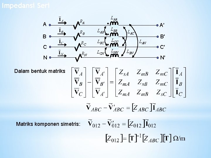 Impedansi Seri A B RA RB C N Dalam bentuk matriks Matriks komponen simetris: Impedansi Seri A B RA RB C N Dalam bentuk matriks Matriks komponen simetris: