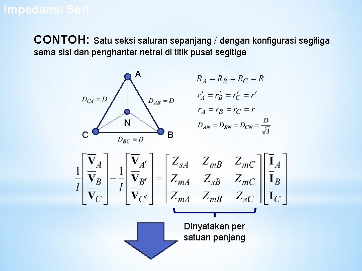 Impedansi Seri Contoh CONTOH: Satu seksi saluran sepanjang l dengan konfigurasi segitiga sama sisi Impedansi Seri Contoh CONTOH: Satu seksi saluran sepanjang l dengan konfigurasi segitiga sama sisi