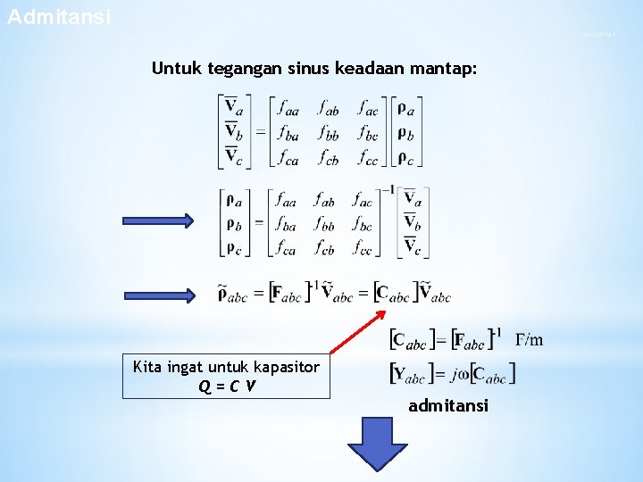 Admitansi Sistem 4 Konduktor Untuk tegangan sinus keadaan mantap: Kita ingat untuk kapasitor Q=CV Admitansi Sistem 4 Konduktor Untuk tegangan sinus keadaan mantap: Kita ingat untuk kapasitor Q=CV