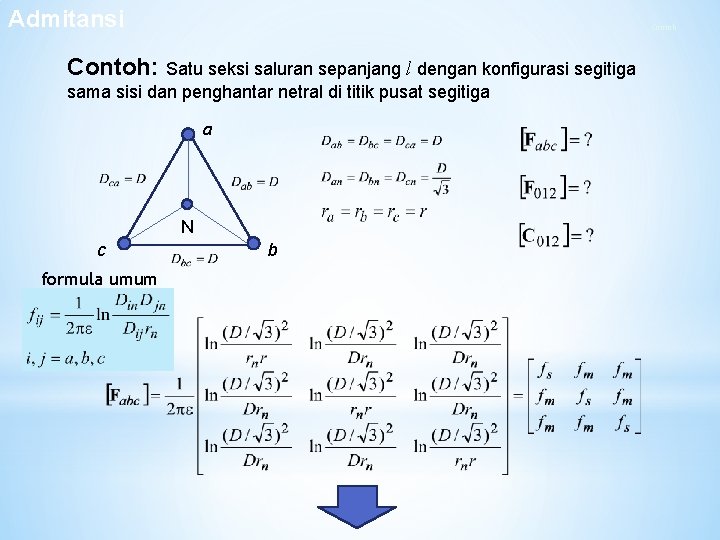Admitansi Contoh: Satu seksi saluran sepanjang l dengan konfigurasi segitiga sama sisi dan penghantar Admitansi Contoh: Satu seksi saluran sepanjang l dengan konfigurasi segitiga sama sisi dan penghantar