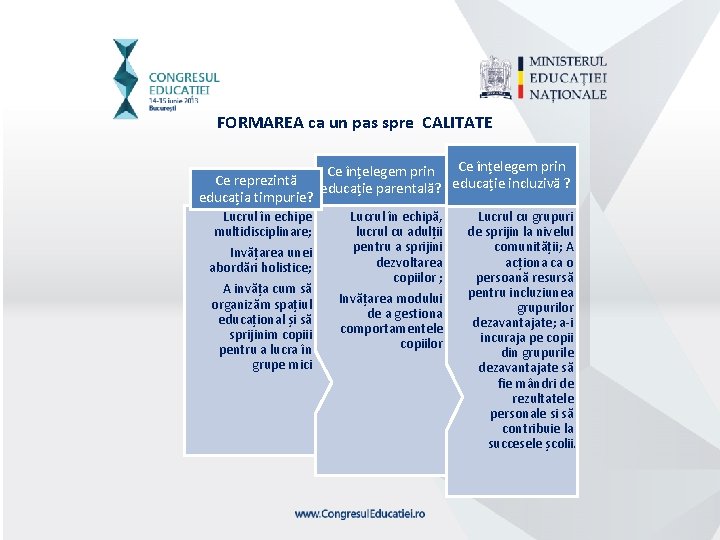 FORMAREA ca un pas spre CALITATE Ce reprezintă educația timpurie? Lucrul în echipe multidisciplinare;