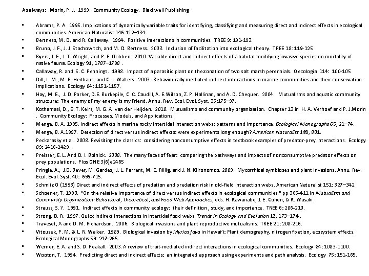 As always: Morin, P. J. 1999. Community Ecology. Blackwell Publishing • • • •