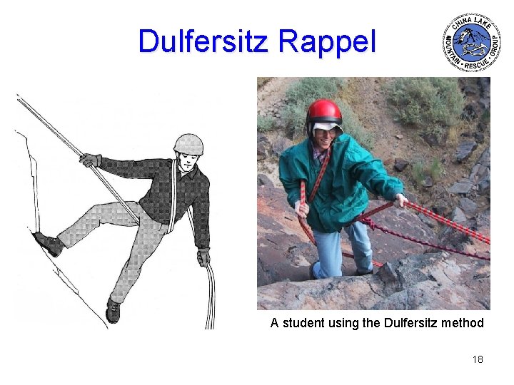 Dulfersitz Rappel A student using the Dulfersitz method 18 