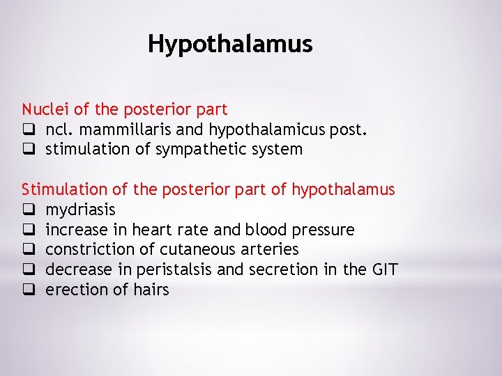 Hypothalamus Nuclei of the posterior part q ncl. mammillaris and hypothalamicus post. q stimulation