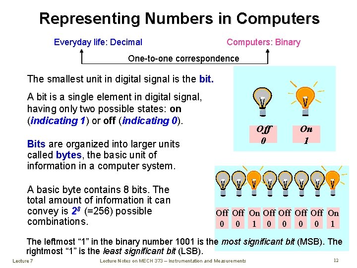 Representing Numbers in Computers Everyday life: Decimal Computers: Binary One-to-one correspondence The smallest unit