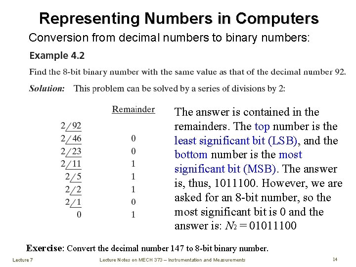 Representing Numbers in Computers Conversion from decimal numbers to binary numbers: The answer is