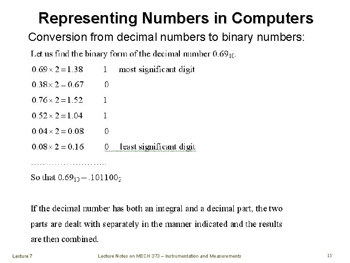 Representing Numbers in Computers Conversion from decimal numbers to binary numbers: Lecture 7 Lecture