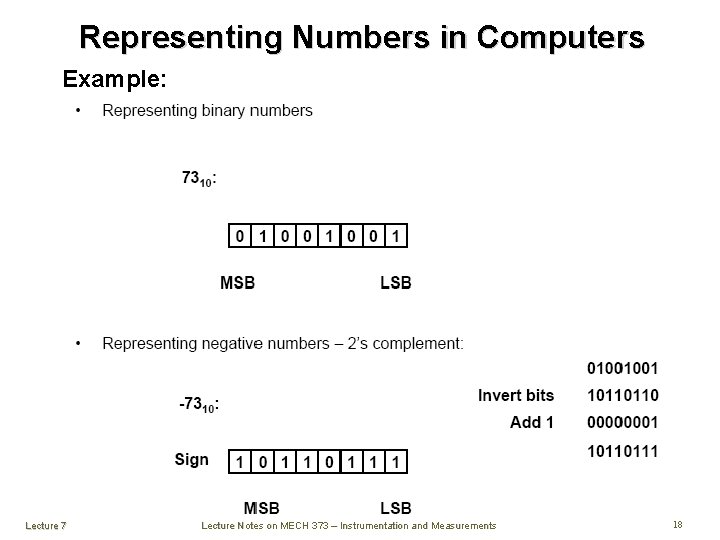 Representing Numbers in Computers Example: Lecture 7 Lecture Notes on MECH 373 – Instrumentation