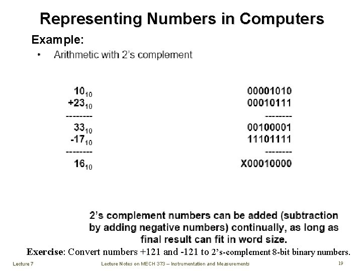 Representing Numbers in Computers Example: Exercise: Convert numbers +121 and -121 to 2’s-complement 8