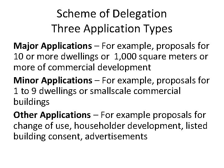Scheme of Delegation Three Application Types Major Applications – For example, proposals for 10