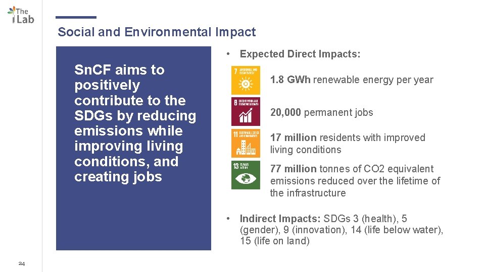 Social and Environmental Impact • Expected Direct Impacts: Sn. CF aims to positively contribute