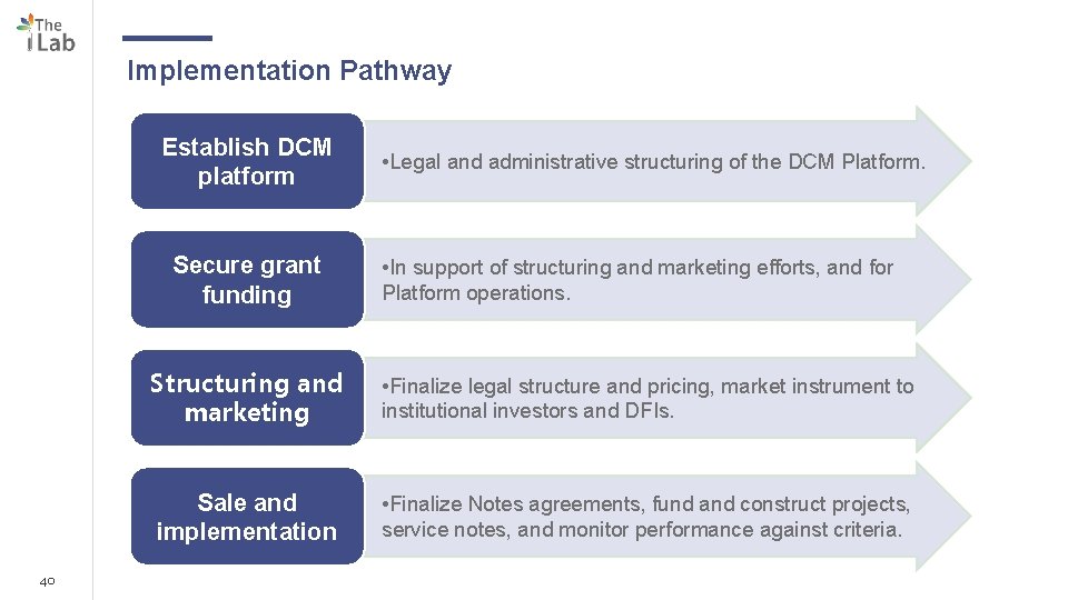 Implementation Pathway Establish DCM platform Secure grant funding 40 • Legal and administrative structuring