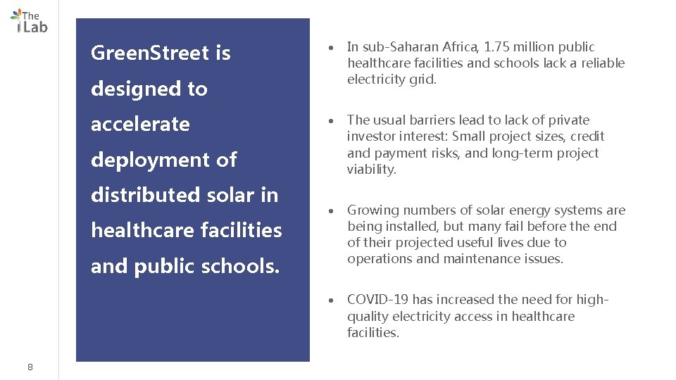 Green. Street is In sub-Saharan Africa, 1. 75 million public healthcare facilities and schools