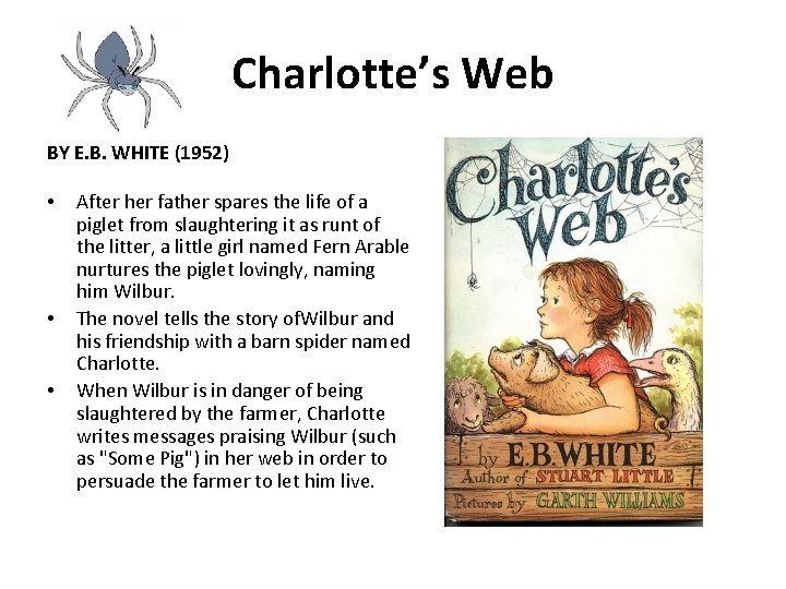 Charlotte’s Web BY E. B. WHITE (1952) • • • After her father spares
