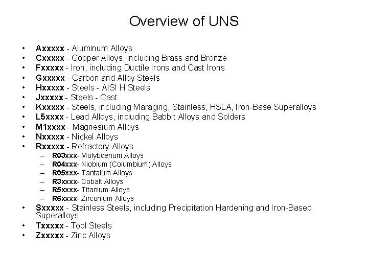 Overview of UNS • • • Axxxxx - Aluminum Alloys Cxxxxx - Copper Alloys,