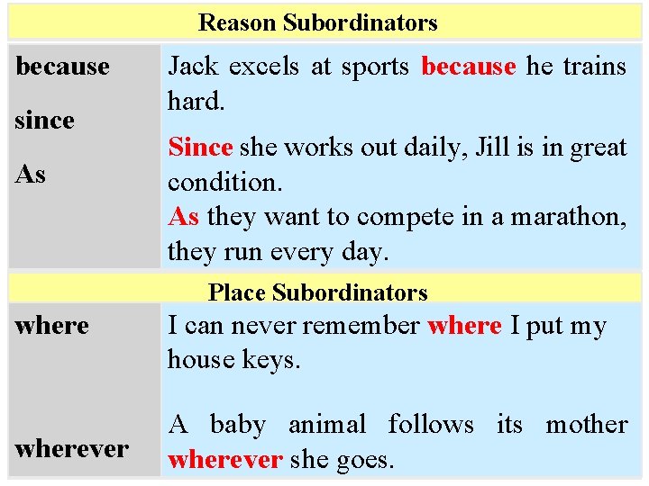 Reason Subordinators because since As Jack excels at sports because he trains hard. Since