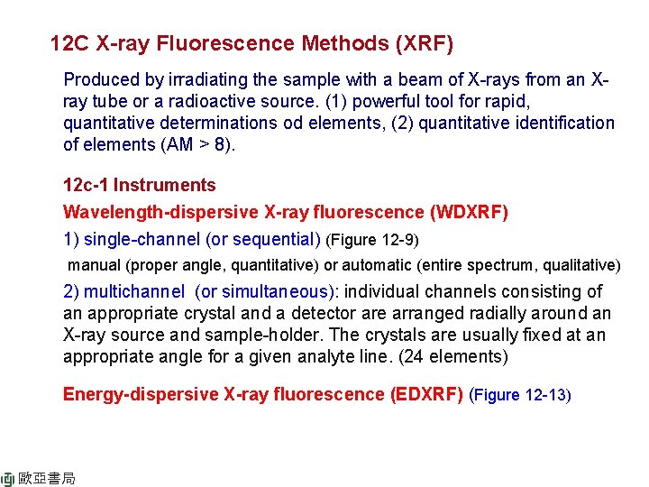 12 C X-ray Fluorescence Methods (XRF) Produced by irradiating the sample with a beam