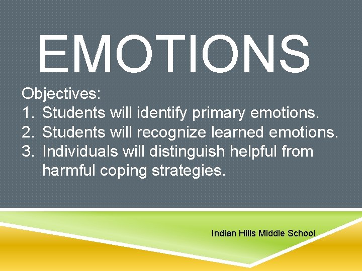 EMOTIONS Objectives: 1. Students will identify primary emotions. 2. Students will recognize learned emotions.